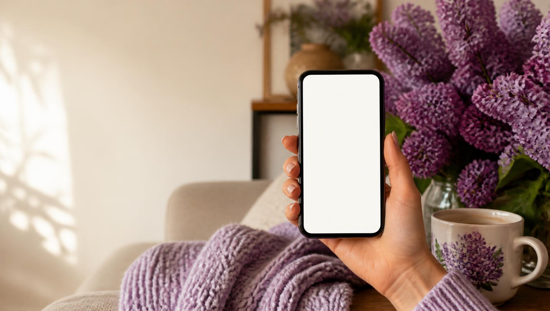 A hand holding a phone in a cozy room with lilac blossoms, a lavender knit blanket and a floral mug